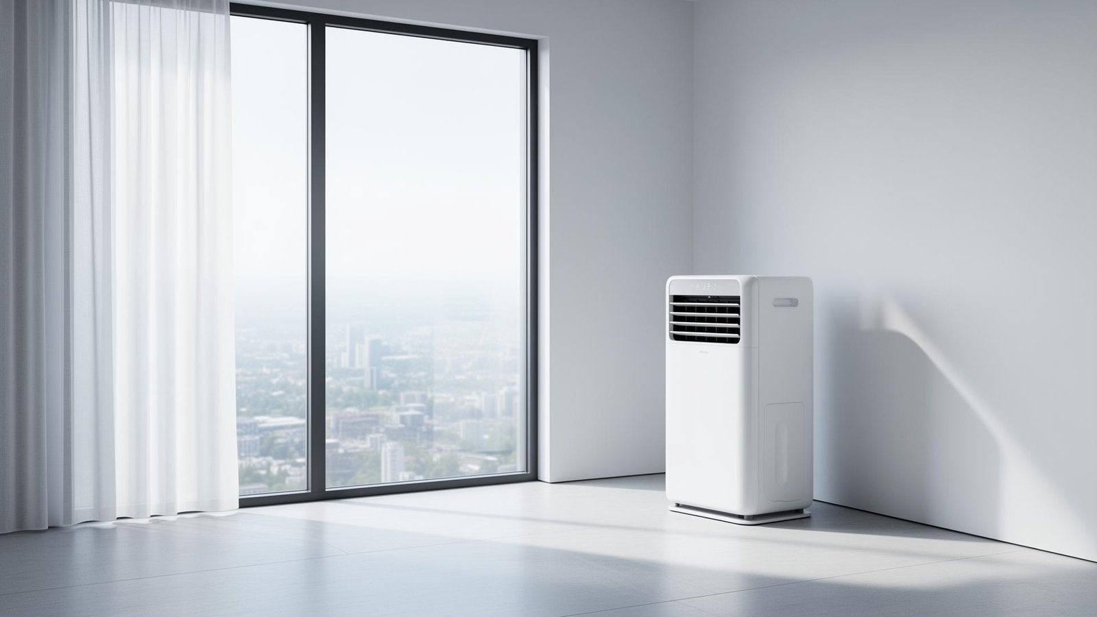 Compacte airco zonder afvoerslang in minimalistisch interieur