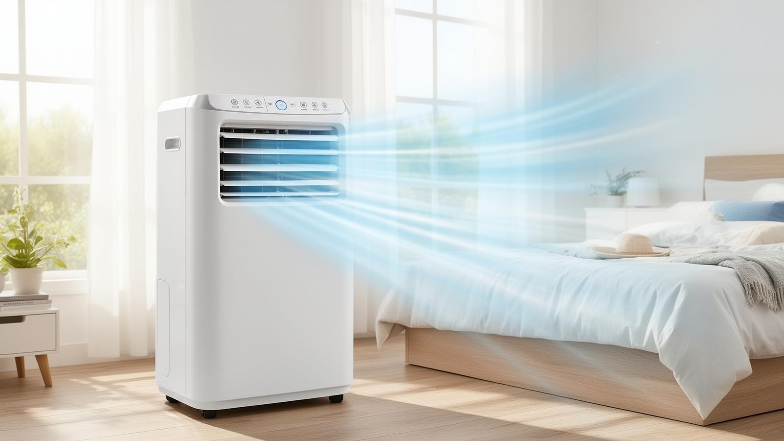 Mobiele airco met koele luchtstroom in lichte slaapkamer